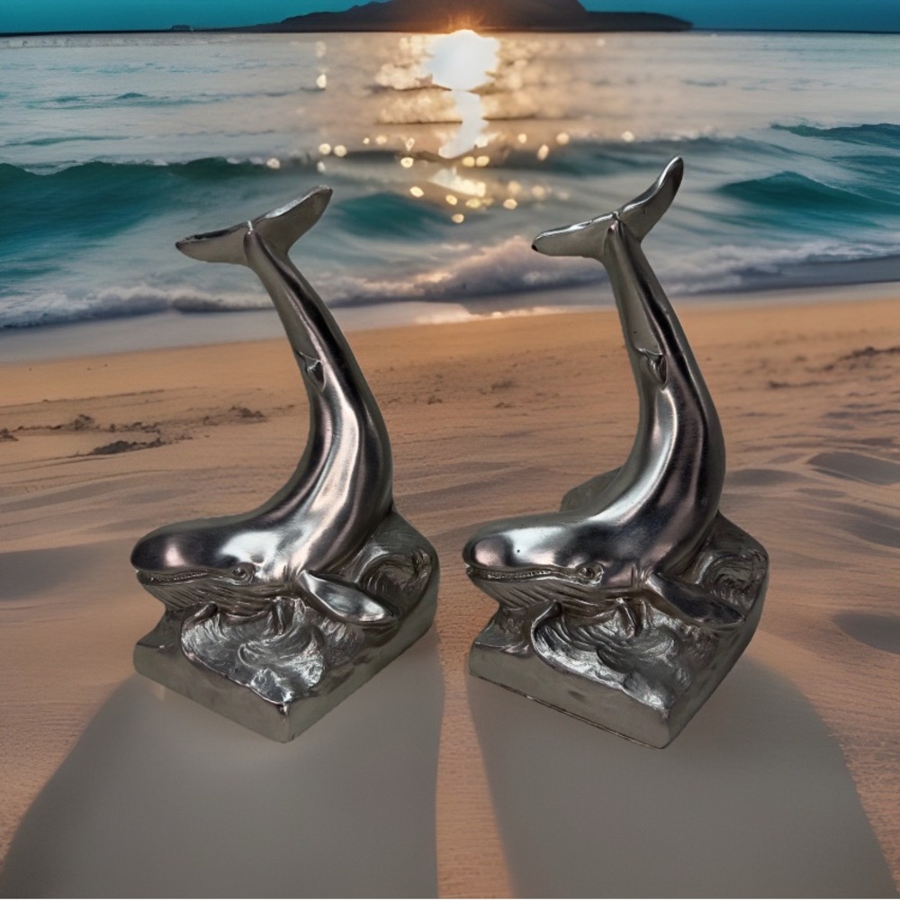 Silver Tone Metal Whale Bookends Ocean Wave Nautical Decor Set
